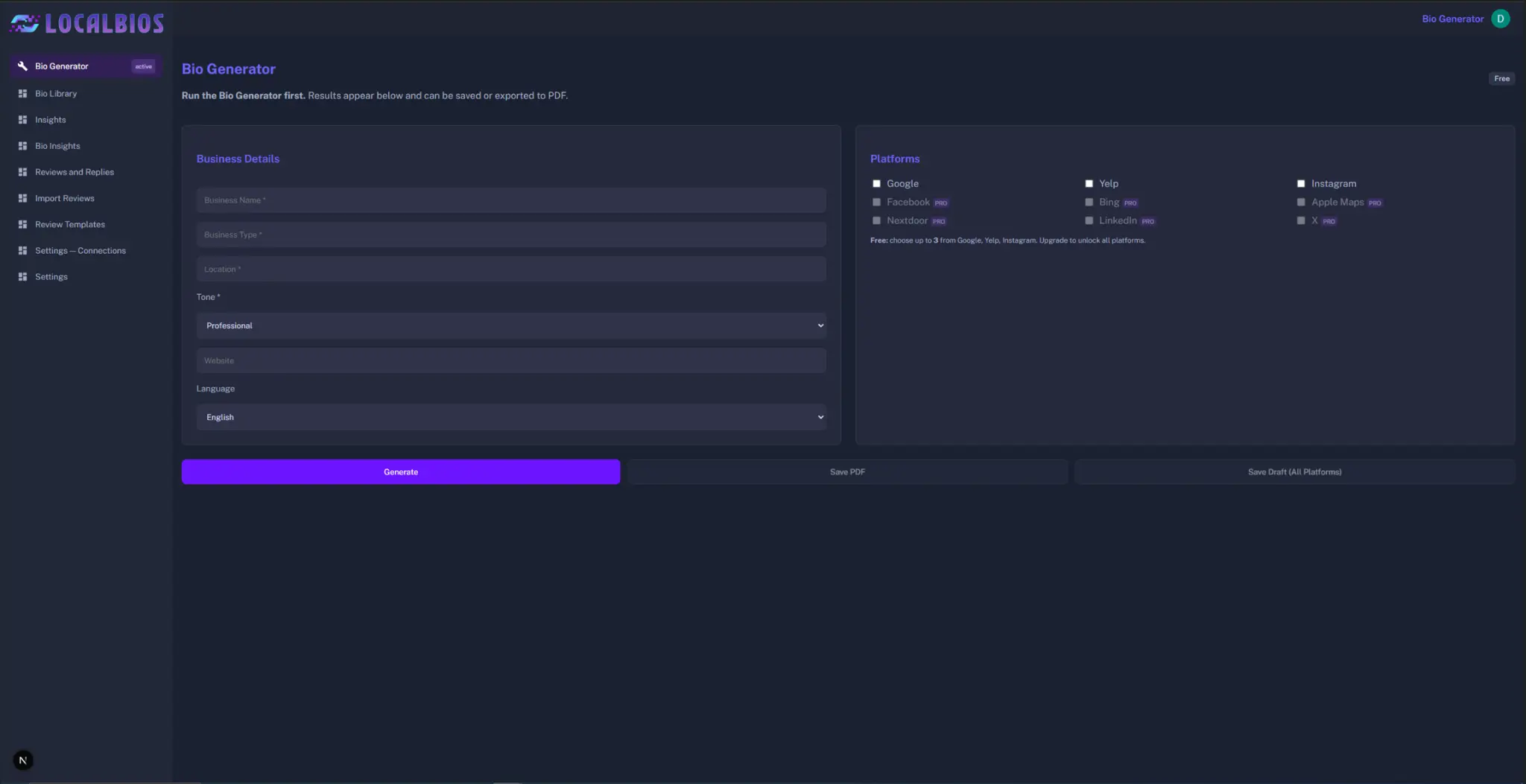 LocalBios Dashboard Preview